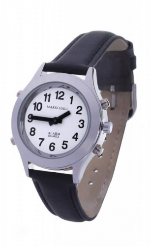 Montre-bracelet pour dames parlant avec fonction d'alarme White Edition en cuir argenté Marschall