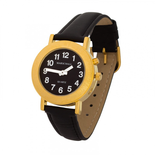 Sprechende Damen-Armbanduhr mit Weckfunktion Black Edition Gold-Leder Marschall
